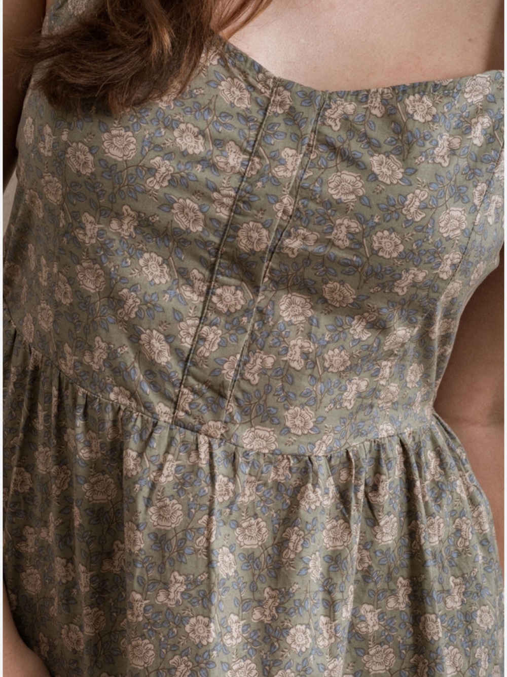 Floral Square-Neck Midi Dress in Olive and Cream